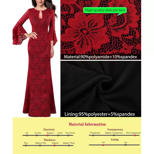 VFSHOW Womens Keyhole Front Bell Sleeve Formal Evening Wedding Party Maxi DressRed Floral Lace