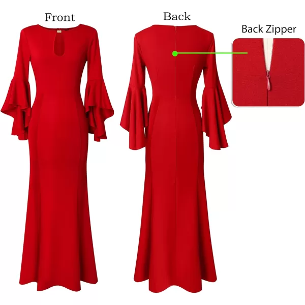 VFSHOW Womens Keyhole Front Bell Sleeve Formal Evening Wedding Party Maxi DressSolid Red