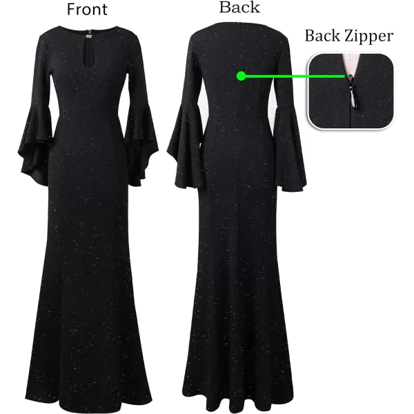 VFSHOW Womens Keyhole Front Bell Sleeve Formal Evening Wedding Party Maxi DressSparkly Black