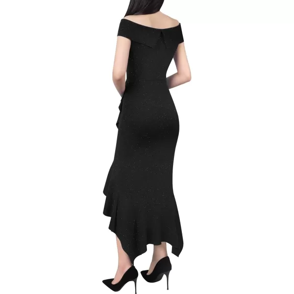 VFSHOW Womens Off Shoulder Ruffle Split Cocktail Bridesmaid 2023 Wedding Guest Hi Low Mermaid Midi DressShimmery Black2