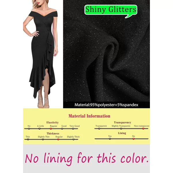 VFSHOW Womens Off Shoulder Ruffle Split Cocktail Bridesmaid 2023 Wedding Guest Hi Low Mermaid Midi DressShimmery Black2