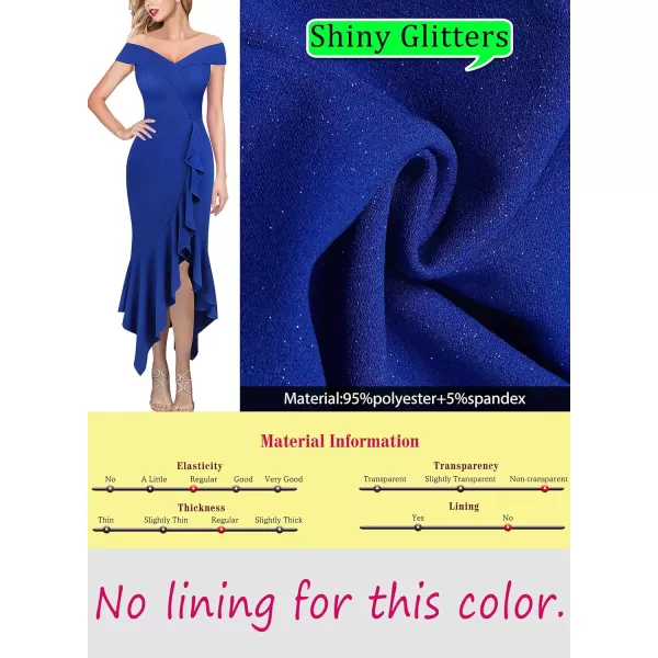 VFSHOW Womens Off Shoulder Ruffle Split Cocktail Bridesmaid 2023 Wedding Guest Hi Low Mermaid Midi DressShimmery Blue2