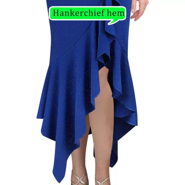 VFSHOW Womens Off Shoulder Ruffle Split Cocktail Bridesmaid 2023 Wedding Guest Hi Low Mermaid Midi DressShimmery Blue2