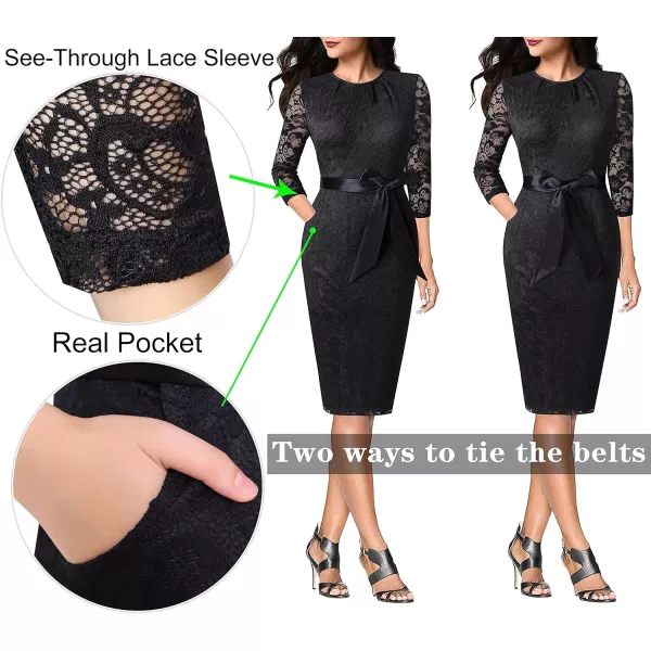 VFSHOW Womens Pleated Crew Neck Belted Pockets Slim Work Business Office Bodycon Pencil Sheath DressBlack Lace