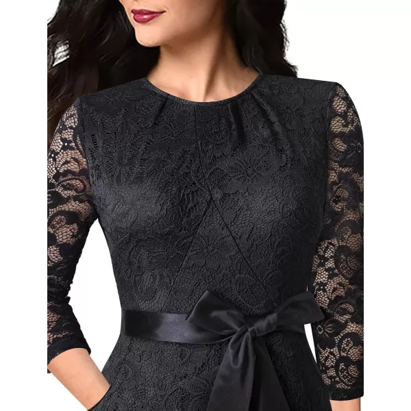 VFSHOW Womens Pleated Crew Neck Belted Pockets Slim Work Business Office Bodycon Pencil Sheath DressBlack Lace