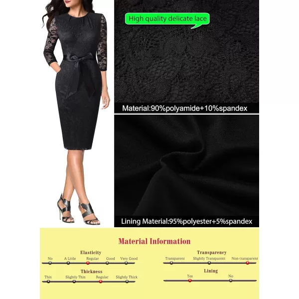 VFSHOW Womens Pleated Crew Neck Belted Pockets Slim Work Business Office Bodycon Pencil Sheath DressBlack Lace