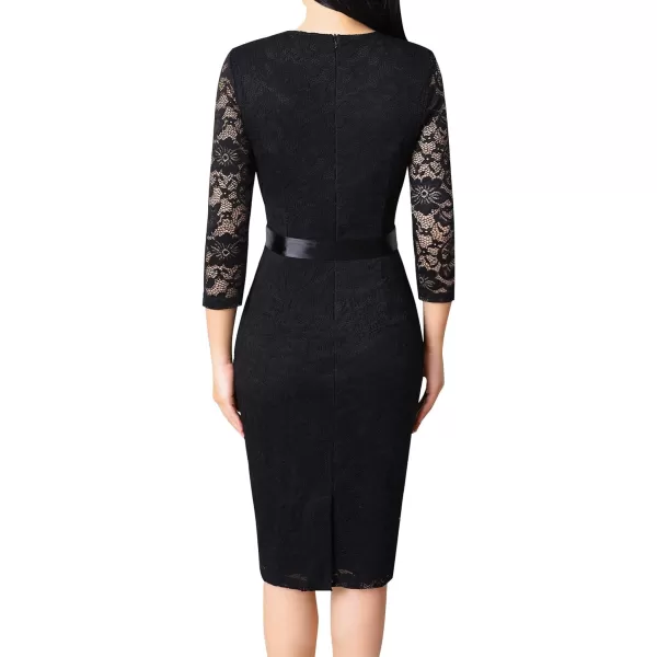 VFSHOW Womens Pleated Crew Neck Belted Pockets Slim Work Business Office Bodycon Pencil Sheath DressBlack Lace