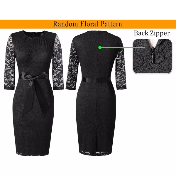 VFSHOW Womens Pleated Crew Neck Belted Pockets Slim Work Business Office Bodycon Pencil Sheath DressBlack Lace