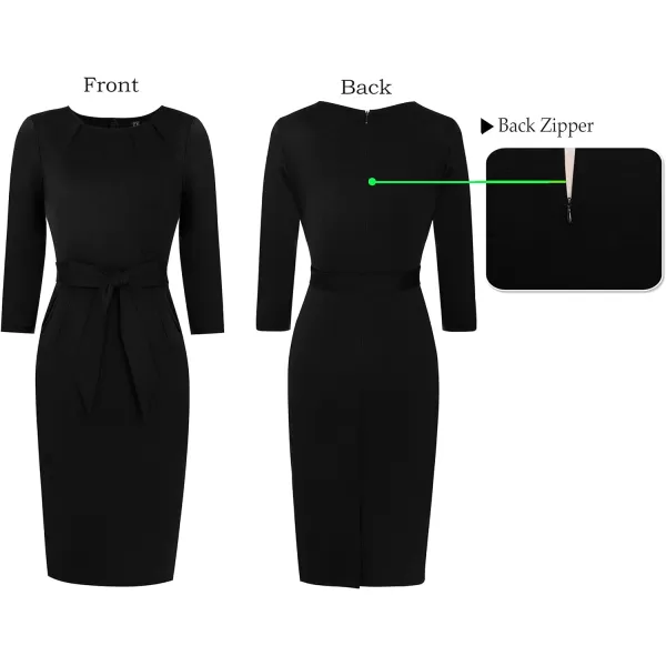 VFSHOW Womens Pleated Crew Neck Belted Pockets Slim Work Business Office Bodycon Pencil Sheath DressBlack2