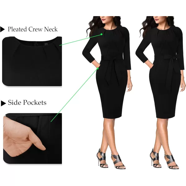 VFSHOW Womens Pleated Crew Neck Belted Pockets Slim Work Business Office Bodycon Pencil Sheath DressBlack2