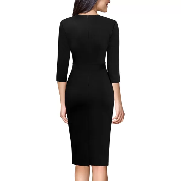 VFSHOW Womens Pleated Crew Neck Belted Pockets Slim Work Business Office Bodycon Pencil Sheath DressBlack2