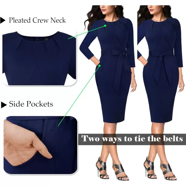 VFSHOW Womens Pleated Crew Neck Belted Pockets Slim Work Business Office Bodycon Pencil Sheath DressNavy Blue2