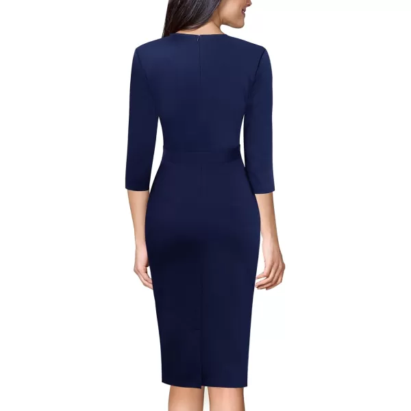 VFSHOW Womens Pleated Crew Neck Belted Pockets Slim Work Business Office Bodycon Pencil Sheath DressNavy Blue2