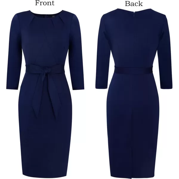 VFSHOW Womens Pleated Crew Neck Belted Pockets Slim Work Business Office Bodycon Pencil Sheath DressNavy Blue2