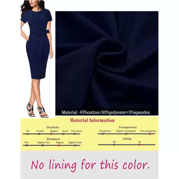 VFSHOW Womens Pleated Crew Neck Belted Pockets Slim Work Business Office Bodycon Pencil Sheath DressNavy Blue3