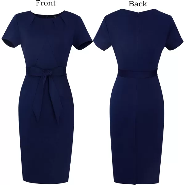 VFSHOW Womens Pleated Crew Neck Belted Pockets Slim Work Business Office Bodycon Pencil Sheath DressNavy Blue3