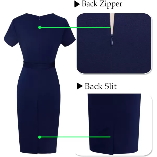 VFSHOW Womens Pleated Crew Neck Belted Pockets Slim Work Business Office Bodycon Pencil Sheath DressNavy Blue3