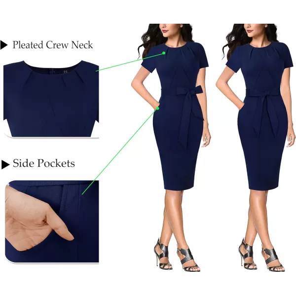 VFSHOW Womens Pleated Crew Neck Belted Pockets Slim Work Business Office Bodycon Pencil Sheath DressNavy Blue3