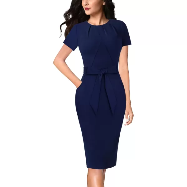 VFSHOW Womens Pleated Crew Neck Belted Pockets Slim Work Business Office Bodycon Pencil Sheath DressNavy Blue3