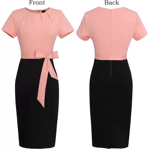 VFSHOW Womens Pleated Crew Neck Belted Pockets Slim Work Business Office Bodycon Pencil Sheath DressPeach and Black