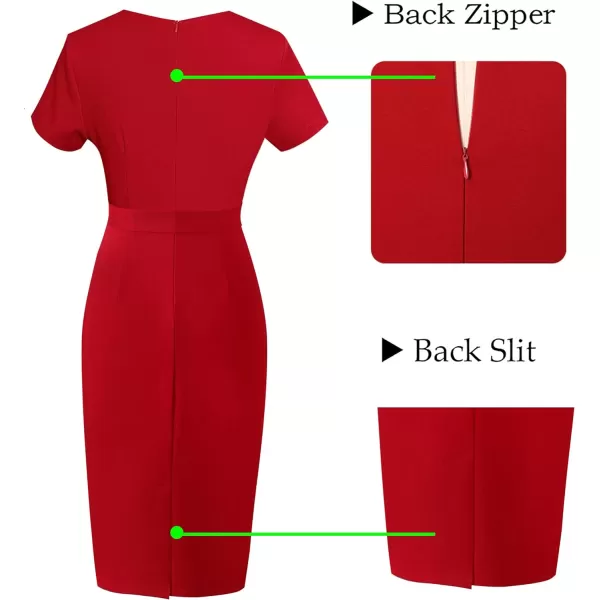 VFSHOW Womens Pleated Crew Neck Belted Pockets Slim Work Business Office Bodycon Pencil Sheath DressRed3