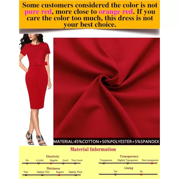 VFSHOW Womens Pleated Crew Neck Belted Pockets Slim Work Business Office Bodycon Pencil Sheath DressRed3