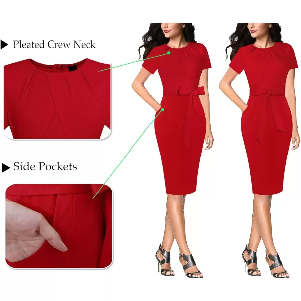 VFSHOW Womens Pleated Crew Neck Belted Pockets Slim Work Business Office Bodycon Pencil Sheath DressRed3