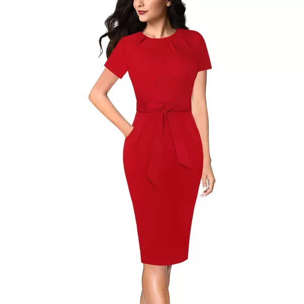 VFSHOW Womens Pleated Crew Neck Belted Pockets Slim Work Business Office Bodycon Pencil Sheath DressRed3