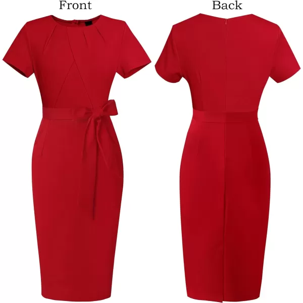 VFSHOW Womens Pleated Crew Neck Belted Pockets Slim Work Business Office Bodycon Pencil Sheath DressRed3