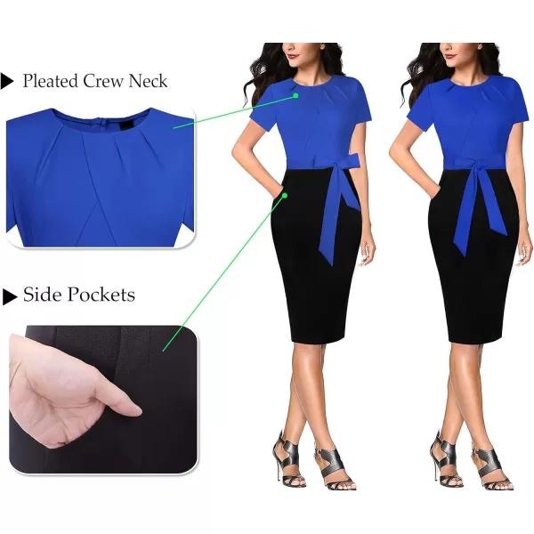 VFSHOW Womens Pleated Crew Neck Belted Pockets Slim Work Business Office Bodycon Pencil Sheath DressRoyal Blue and Black