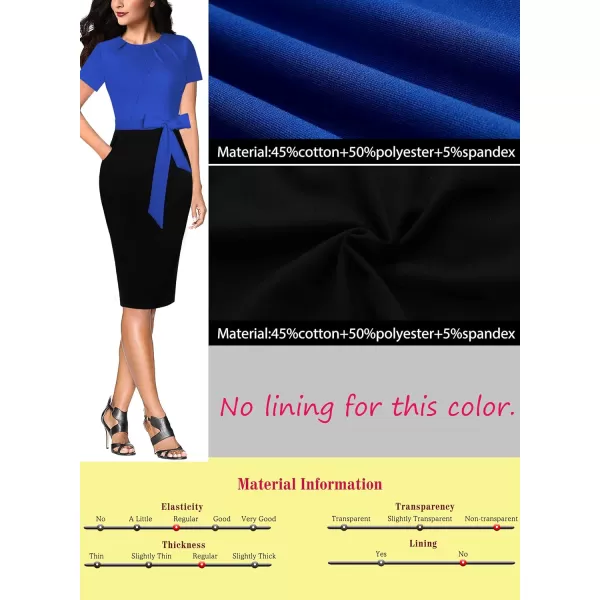 VFSHOW Womens Pleated Crew Neck Belted Pockets Slim Work Business Office Bodycon Pencil Sheath DressRoyal Blue and Black