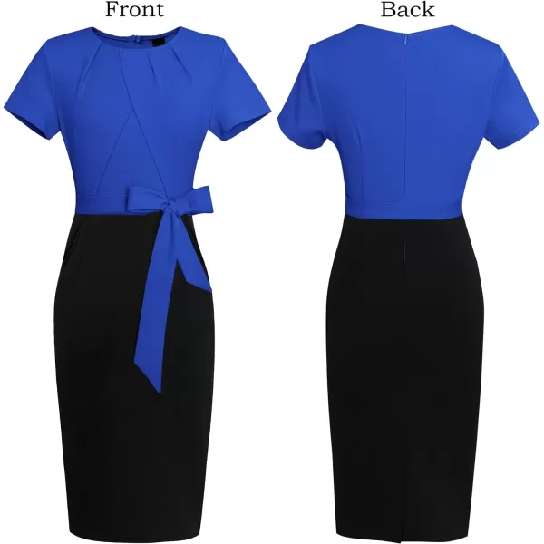 VFSHOW Womens Pleated Crew Neck Belted Pockets Slim Work Business Office Bodycon Pencil Sheath DressRoyal Blue and Black