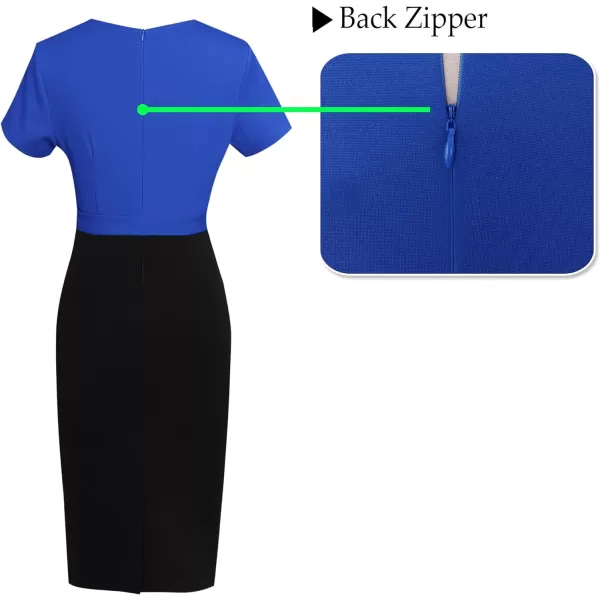 VFSHOW Womens Pleated Crew Neck Belted Pockets Slim Work Business Office Bodycon Pencil Sheath DressRoyal Blue and Black