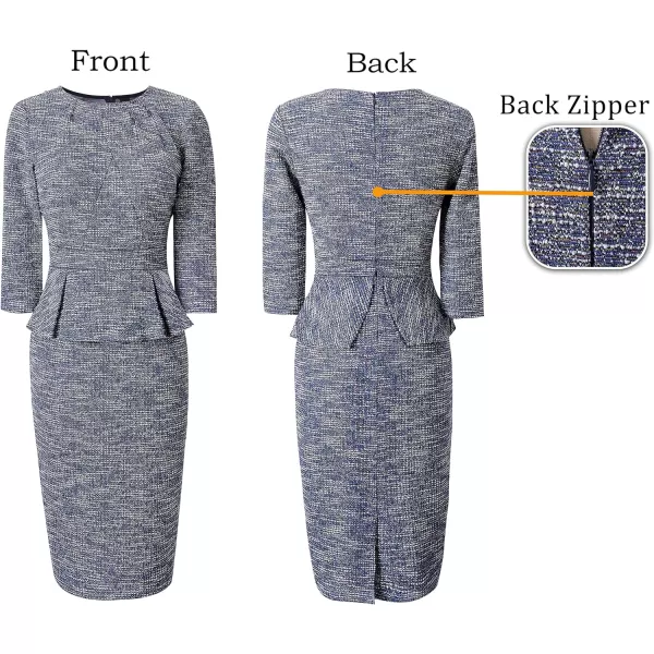 VFSHOW Womens Pleated Crew Neck Peplum Work Office Business Bodycon Sheath DressBlue Tweed