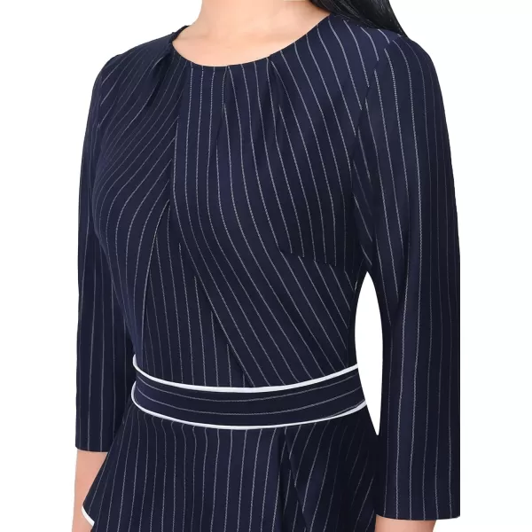 VFSHOW Womens Pleated Crew Neck Peplum Work Office Business Bodycon Sheath DressDark Blue  White Stripes