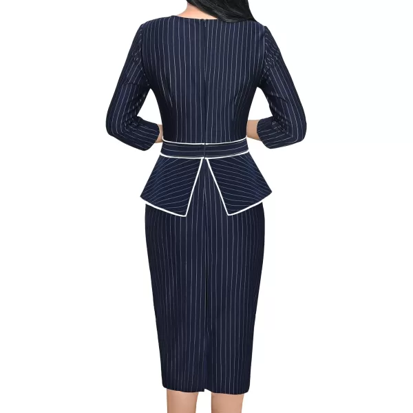 VFSHOW Womens Pleated Crew Neck Peplum Work Office Business Bodycon Sheath DressDark Blue  White Stripes