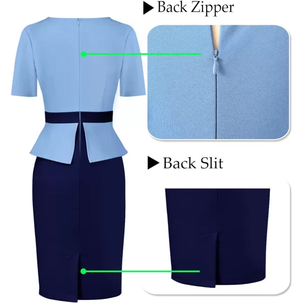 VFSHOW Womens Pleated Crew Neck Peplum Work Office Business Bodycon Sheath DressLight Blue and Navyshort Sleeve