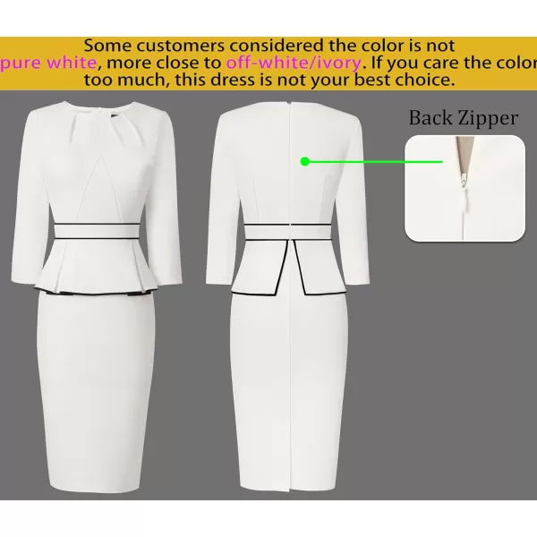 VFSHOW Womens Pleated Crew Neck Peplum Work Office Business Bodycon Sheath DressOff White  Black Piping