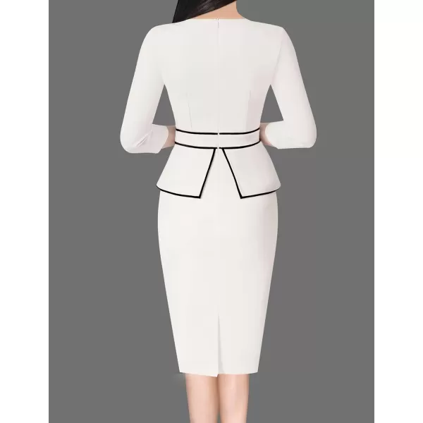 VFSHOW Womens Pleated Crew Neck Peplum Work Office Business Bodycon Sheath DressOff White  Black Piping