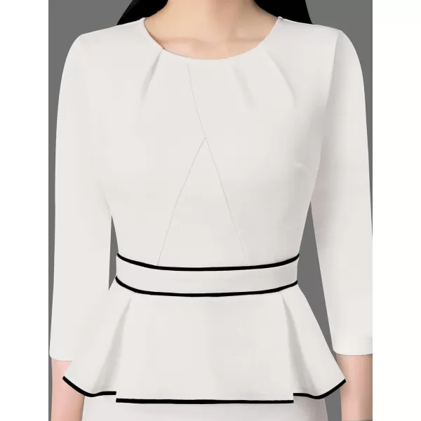 VFSHOW Womens Pleated Crew Neck Peplum Work Office Business Bodycon Sheath DressOff White  Black Piping