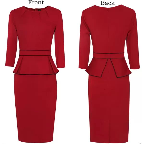 VFSHOW Womens Pleated Crew Neck Peplum Work Office Business Bodycon Sheath DressRed  Black Piping3