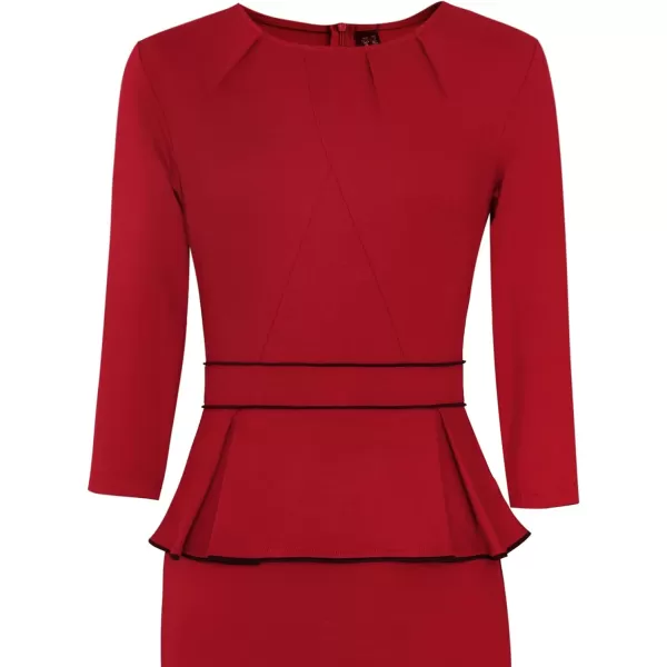 VFSHOW Womens Pleated Crew Neck Peplum Work Office Business Bodycon Sheath DressRed  Black Piping3