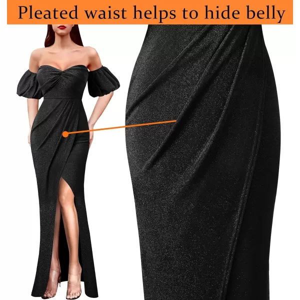 VFSHOW Womens Sexy Off Shoulder Puff Sleeve Ruched Prom Formal Maxi Dress 2023 Twist Front Tulip Faux Wrap Split Evening GownSparkly Black