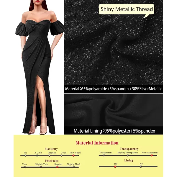 VFSHOW Womens Sexy Off Shoulder Puff Sleeve Ruched Prom Formal Maxi Dress 2023 Twist Front Tulip Faux Wrap Split Evening GownSparkly Black