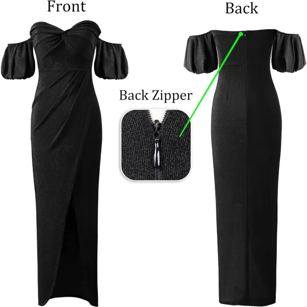 VFSHOW Womens Sexy Off Shoulder Puff Sleeve Ruched Prom Formal Maxi Dress 2023 Twist Front Tulip Faux Wrap Split Evening GownSparkly Black