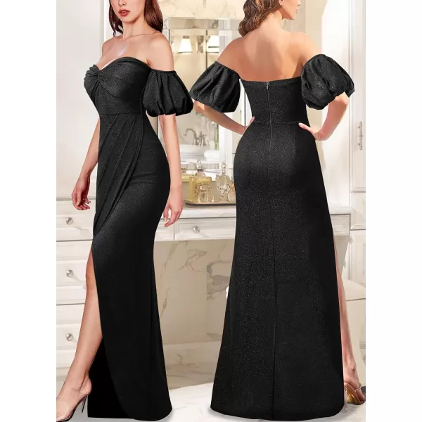 VFSHOW Womens Sexy Off Shoulder Puff Sleeve Ruched Prom Formal Maxi Dress 2023 Twist Front Tulip Faux Wrap Split Evening GownSparkly Black