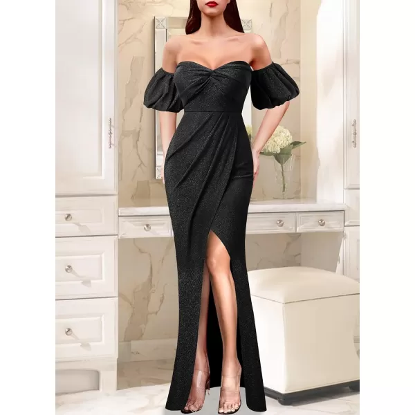 VFSHOW Womens Sexy Off Shoulder Puff Sleeve Ruched Prom Formal Maxi Dress 2023 Twist Front Tulip Faux Wrap Split Evening GownSparkly Black