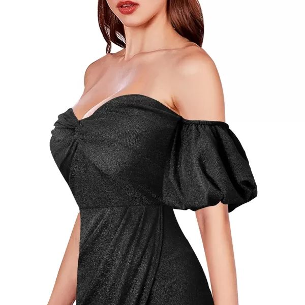 VFSHOW Womens Sexy Off Shoulder Puff Sleeve Ruched Prom Formal Maxi Dress 2023 Twist Front Tulip Faux Wrap Split Evening GownSparkly Black