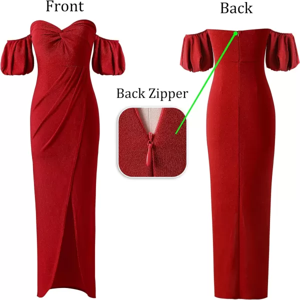 VFSHOW Womens Sexy Off Shoulder Puff Sleeve Ruched Prom Formal Maxi Dress 2023 Twist Front Tulip Faux Wrap Split Evening GownSparkly Red