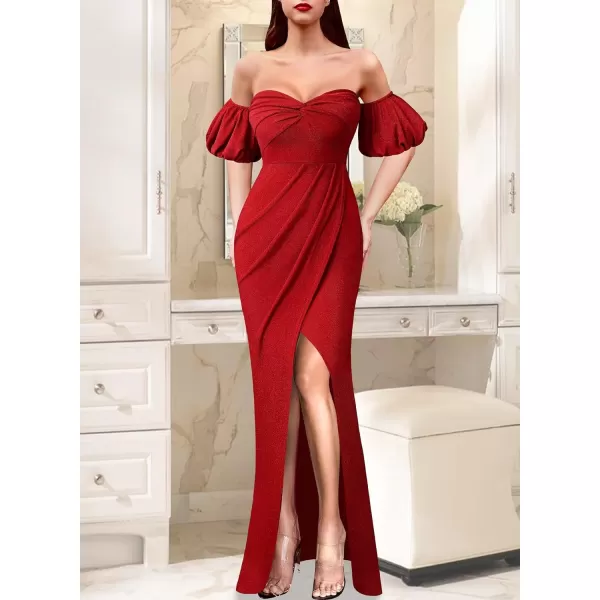 VFSHOW Womens Sexy Off Shoulder Puff Sleeve Ruched Prom Formal Maxi Dress 2023 Twist Front Tulip Faux Wrap Split Evening GownSparkly Red